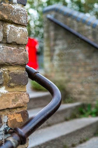 Empty brick stairway with metal handrails on the side in Bishop's Stortford in the United Kingdom