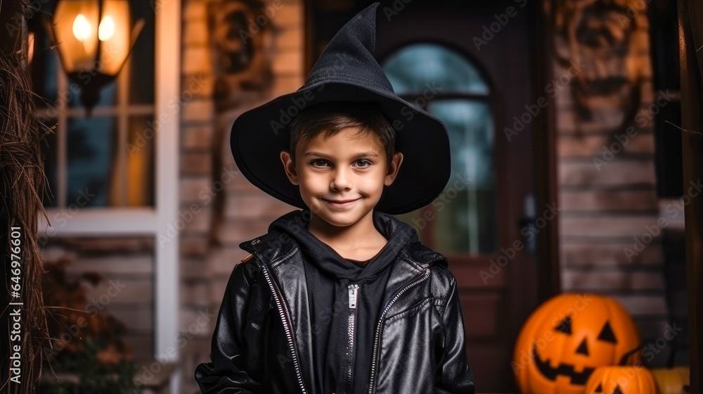 Boy in halloween costume posing in front of a house door at evening, trick or treat Boy in halloween costume posing in front of a house door at evening, trick or treat