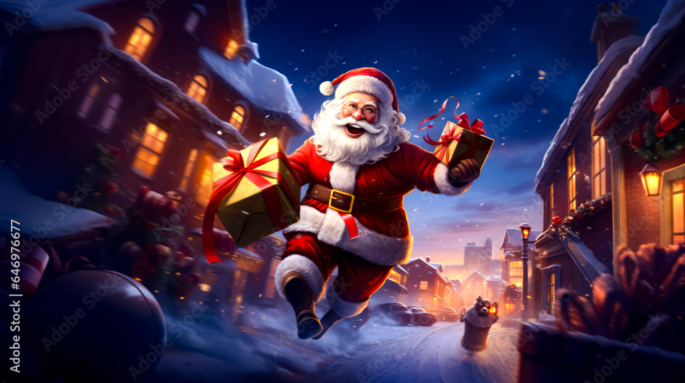 Man dressed as santa claus running through the snow with gift in his hand. Man dressed as santa claus running through the snow with gift in his hand.