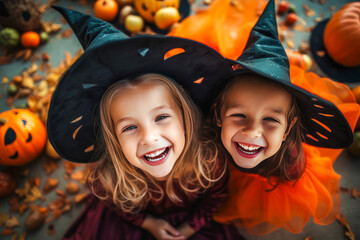 Happy young girls at a halloween pumpkin party, dressed as witches