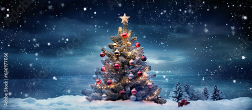 árbol de navidad con bolas iluminadas y estrella en su parte superior en paisaje nocturno nevado, con fondo desenfocado y bokeh