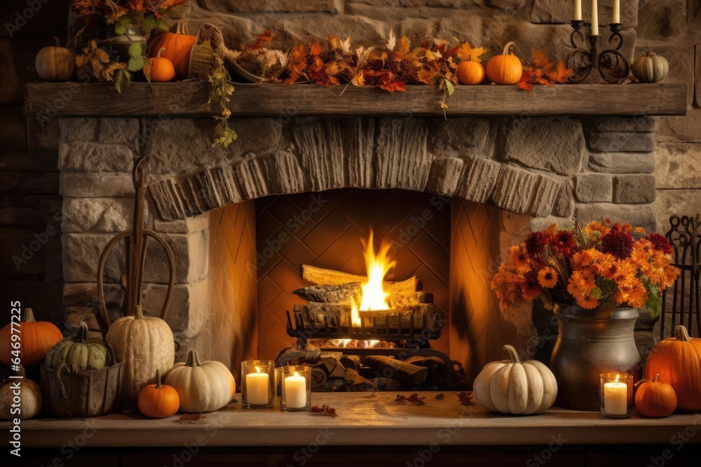 Warm Fireplace with Cozy Thanksgiving Decor - obrazy, fototapety, plakaty 