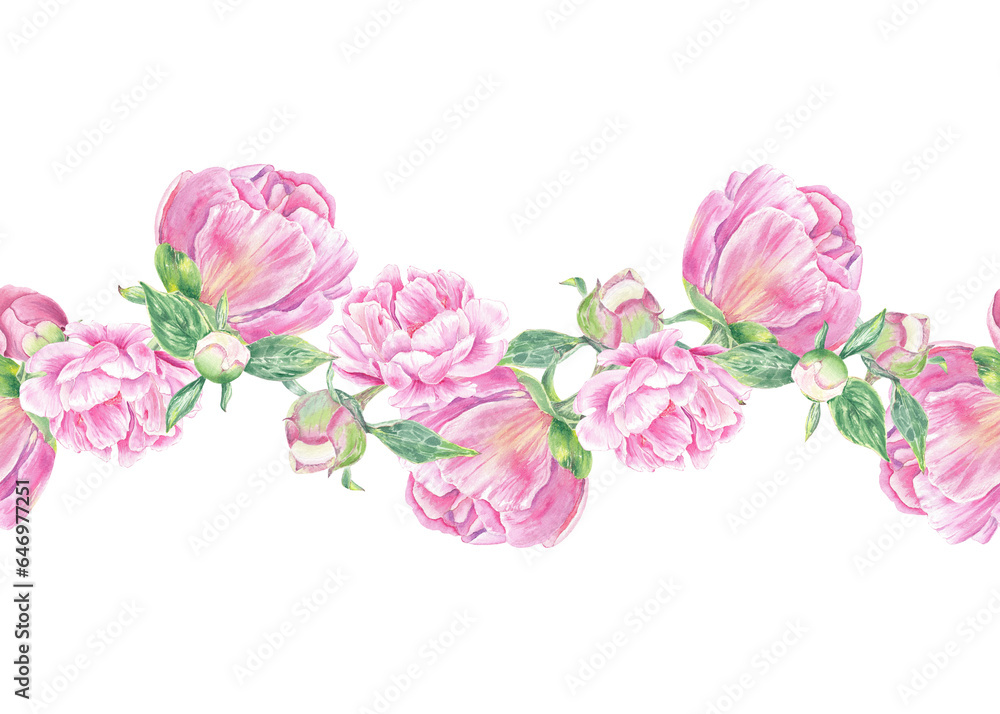 Watercolor seamless border peony, rose hand drawn in botanical style for use in textile, wedding packaging, holiday and nature design invitation. Daisy flower for decorating cards, wallpaper, fabric