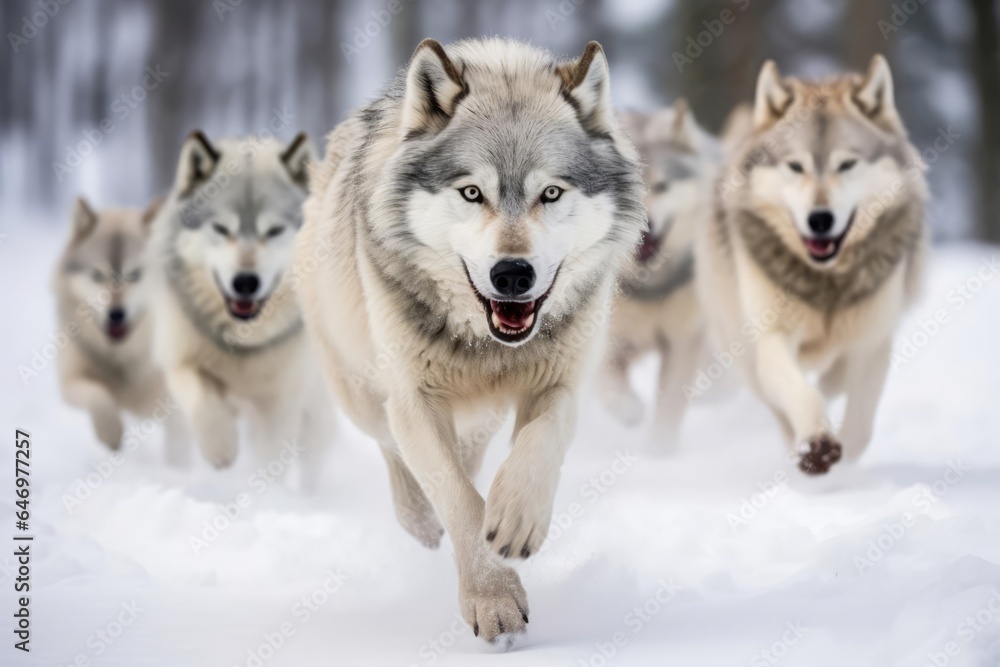 Wolf pack engaged in a synchronized hunt