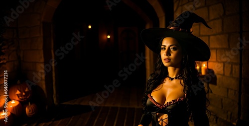 Sexy Latina model dressed as a witch in a Halloween-themed location