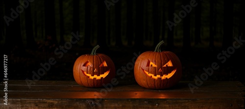 banner halloween jack o lantern pumpkin on table copy space