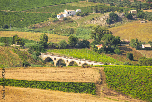 фотографія Sicily, view of landscape with an old stone bridge, northwest of the island near ancient city of Segesta, Italy, Europe