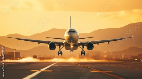 A large passenger jet takes off down an airport runway at sunset