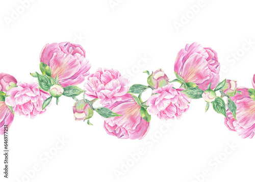 Watercolor seamless border peony  rose hand drawn in botanical style for use in textile  wedding packaging  holiday and nature design invitation. Daisy flower for decorating cards  wallpaper  fabric