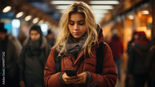 woman using smart phone while waiting at railroad station
