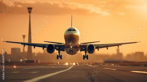 A large passenger jet takes off down an airport runway at sunset photo