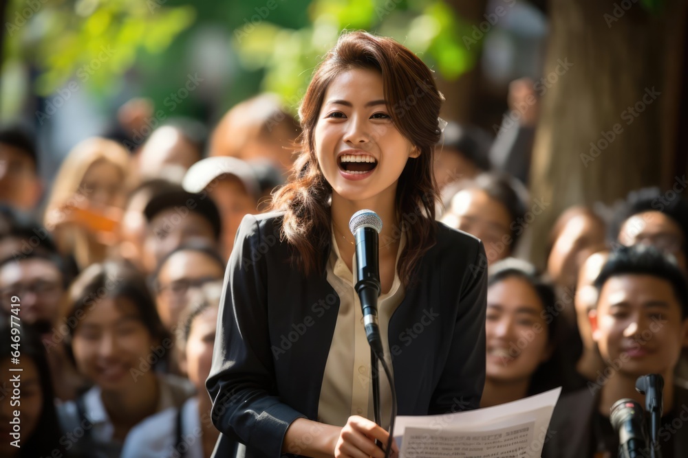young japanese female politician is addressing a crowd of enthusiastic supporters - obrazy, fototapety, plakaty 