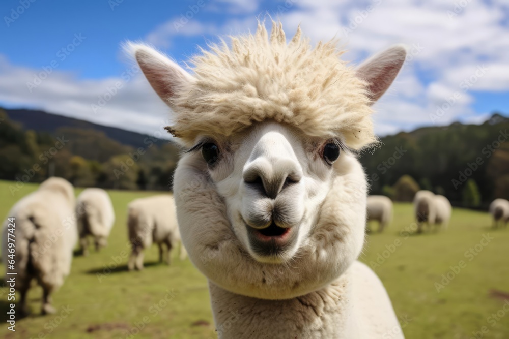 Obraz premium A close-up shot of a fluffy alpaca's funny face
