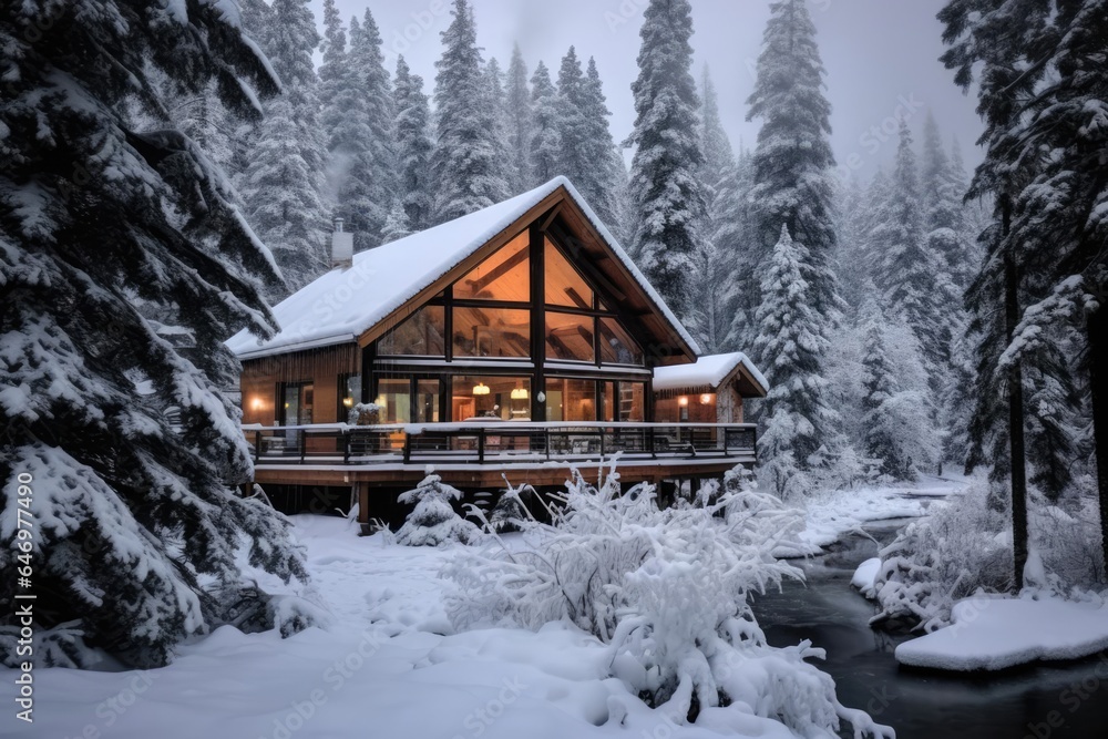 A cozy mountain cabin covered in snow