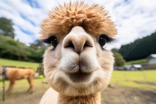 A close-up shot of a fluffy alpaca s funny face