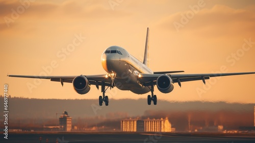 A large passenger jet takes off down an airport runway at sunset