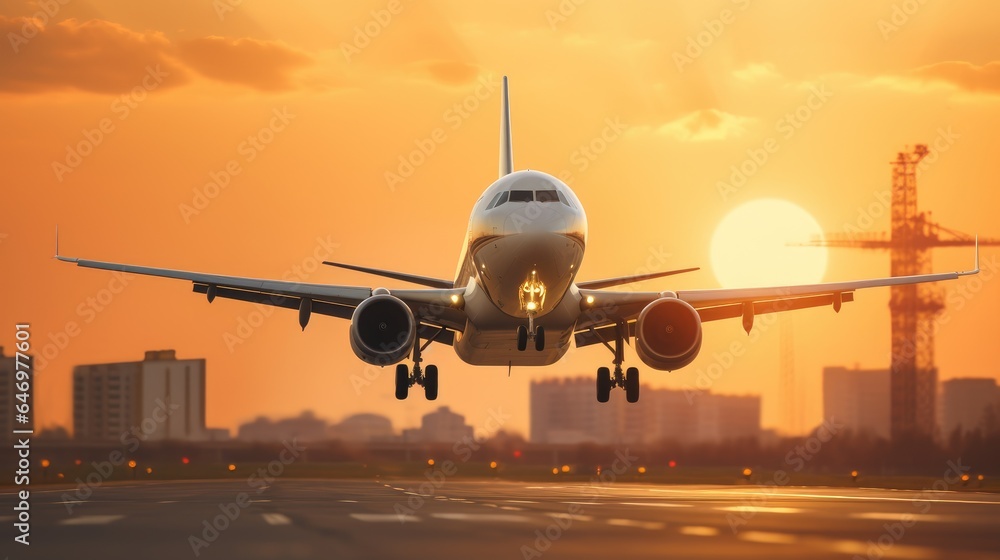 A large passenger jet takes off down an airport runway at sunset A large passenger jet takes off down an airport runway at sunset