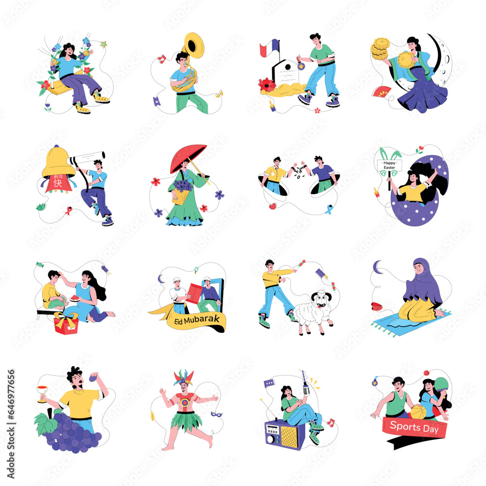 Collection of Events Celebration Flat Illustrations 


