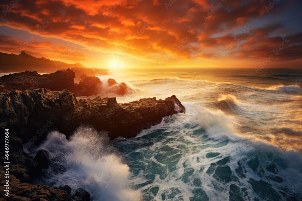 A dramatic sunset over a coastal cliff with crashing waves below