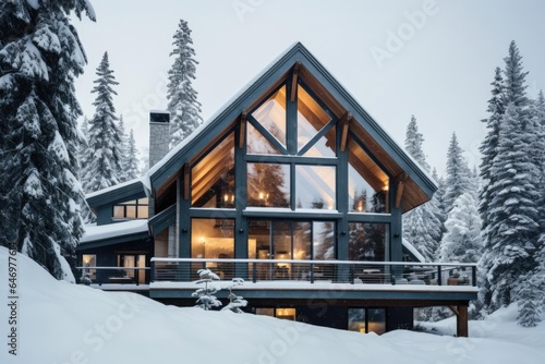 A cozy mountain modern chalet covered in snow © Fred