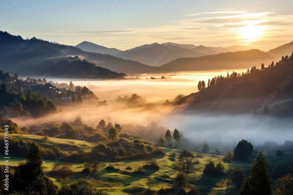 A peaceful sunrise over a mist-covered valley