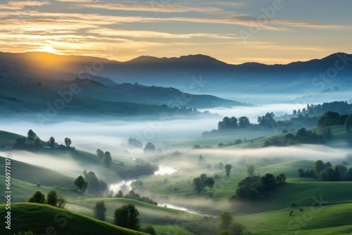 A peaceful sunrise over a mist-covered valley