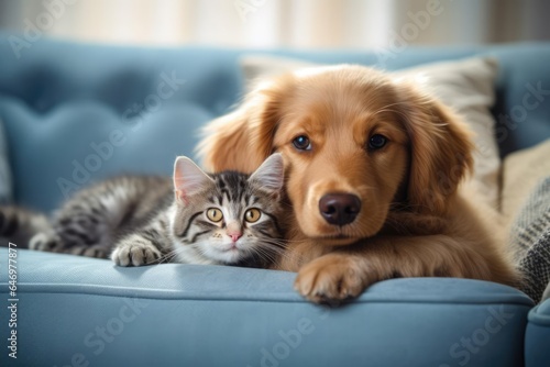 A playful dog and cat cuddling together on a cozy couch