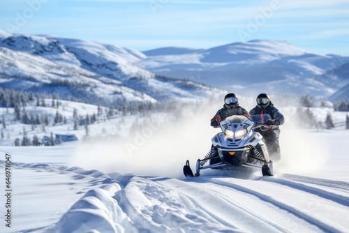 a snowmobiling adventure speeding through a snowy mountain landscape