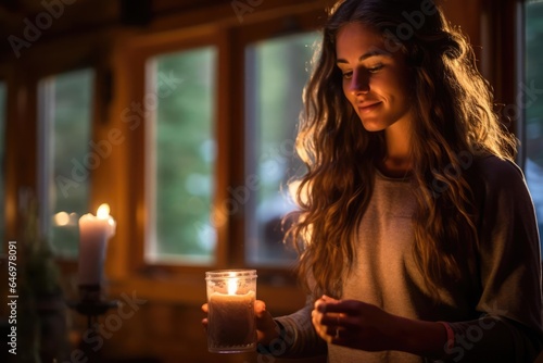 A solo traveler lighting a candle in a serene mountain cabin