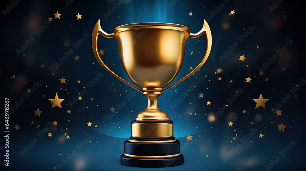 Champion Golden Trophy with Gold Stars on Blue Dark Background Champion Golden Trophy with Gold Stars on Blue Dark Background