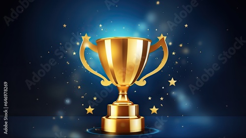 Champion Golden Trophy with Gold Stars on Blue Dark Background