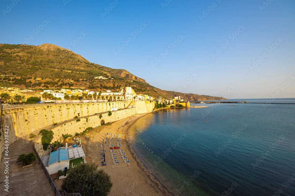 City beach in Castellammare del Golfo at sunrise, a town on the coast of northwestern Sicily.