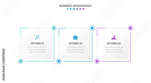 Timeline infographic with infochart. Modern presentation template with 3 spets for business process. Website template on white background for concept modern design. Horizontal layout.