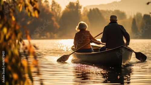 An elderly pair rowing a canoe on a serene lake