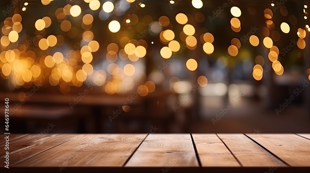 Empty Wooden Table and Bokeh Lights Blurred Outdoor Cafe