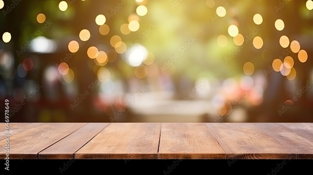 Empty Wooden Table and Bokeh Lights Blurred Outdoor Cafe