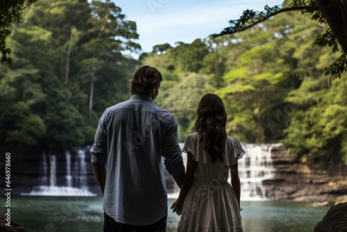 Couple Holding Hands and Admiring the Cascading Water