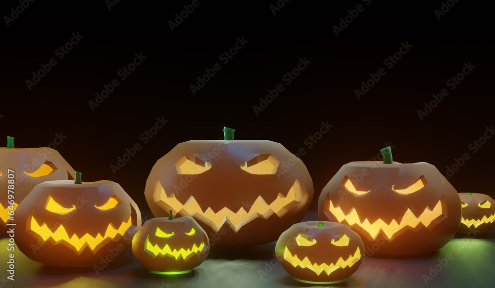 scary Halloween pumpkins on a black background. A postcard with a place for the text. scary Halloween pumpkins on a black background. A postcard with a place for the text.