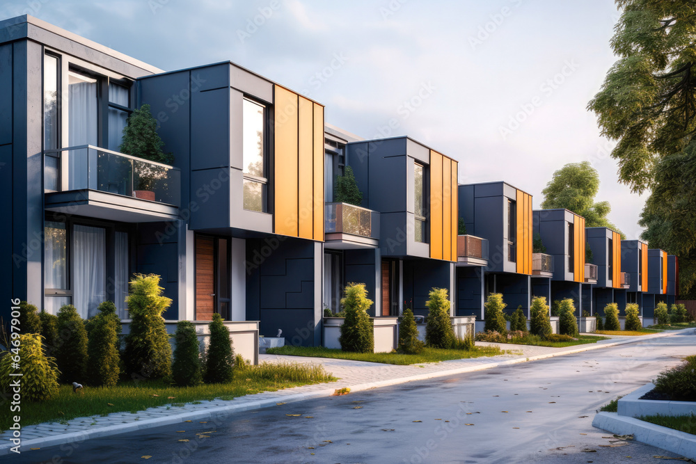 Modern modular private townhouses. Residential minimalist architecture exterior. A very modern neighborhood