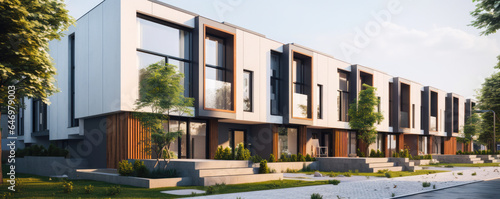 Modern modular private townhouses. Residential minimalist architecture exterior. A very modern neighborhood, late afternoon or morning shot