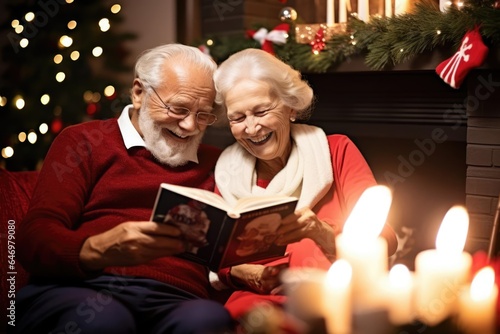 Elderly Couple Sharing Memories and Laughter by the Fireplace on Christmas Eve 