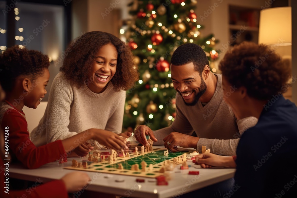 Fototapeta premium Family engaging in a lively game night beside the christmas tree