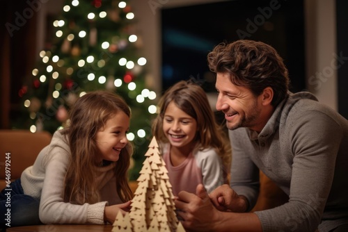 Family engaging in a lively game night beside the christmas tree