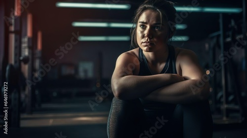 Female sad athlete sitting in the gym. A woman girl is upset that she is not losing weight. Sport, training, healthy life, calories, health care, diet and weight loss concept.