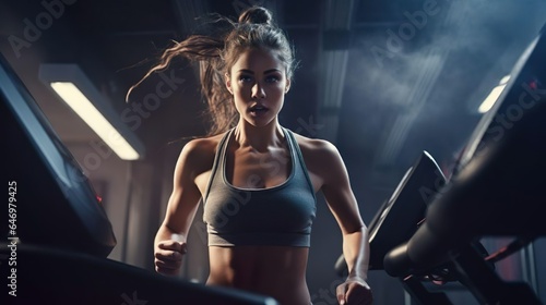 Beautiful female athlete runner sprinter young woman running on a treadmill in the gym. Muscular, sportive girl. Concept of action, motion, calories, healthy lifestyle.