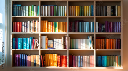 a bookshelf with colorful books  a wall-length shelf with paper books of all bright colors