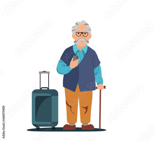 old gray-haired man with a mobile phone and a suitcase, retirement travel, rest time, age is not the main thing