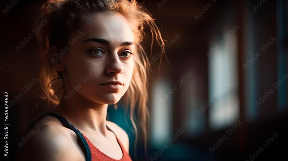Fototapeta premium Portrait of female athlete runner sprinter young woman on the track at the stadium. Muscular, sportive girl. Action, motion, youth, healthy lifestyle. Copy space.