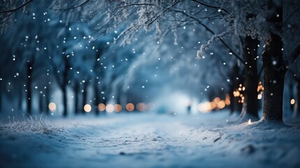 Frosty winter landscape in snowy forest Christmas background