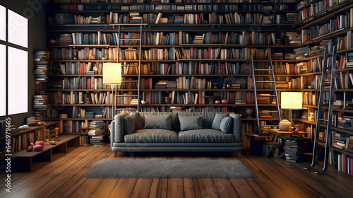 a sofa with a cozy bookshelf with colorful books on the background, a shelf on the entire wall with paper books of all bright colors in a home library with a sofa and candles